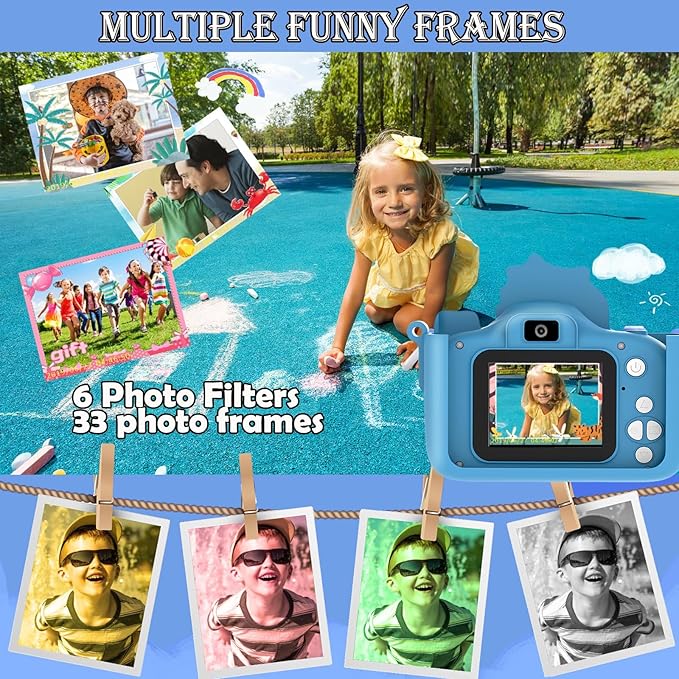 Kids Digital Camera, 1080P HD Video Camera for Toddlers with 32GB SD Card, Dinosaur Protective Case, Card Reader, Fun Selfie Toy Camera for Ages 3-12, Christmas/Birthday Gift for Boys & Girls (Blue1)