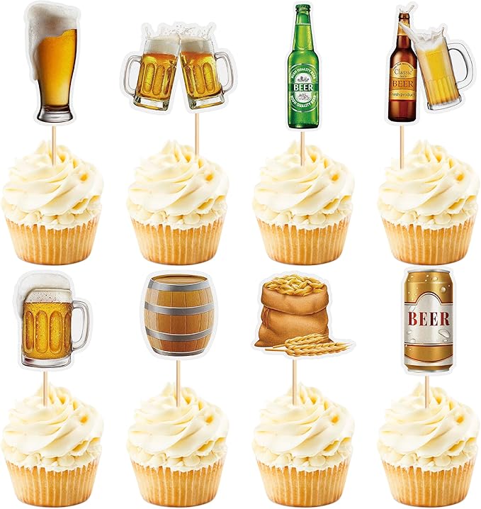 Ercadio 32 PCS Beer Party Cupcake Toppers Cheers and Beers Happy Birthday Decor for Beer Kegs Cake Topper Favor for Summer Family Party Decor Supplies