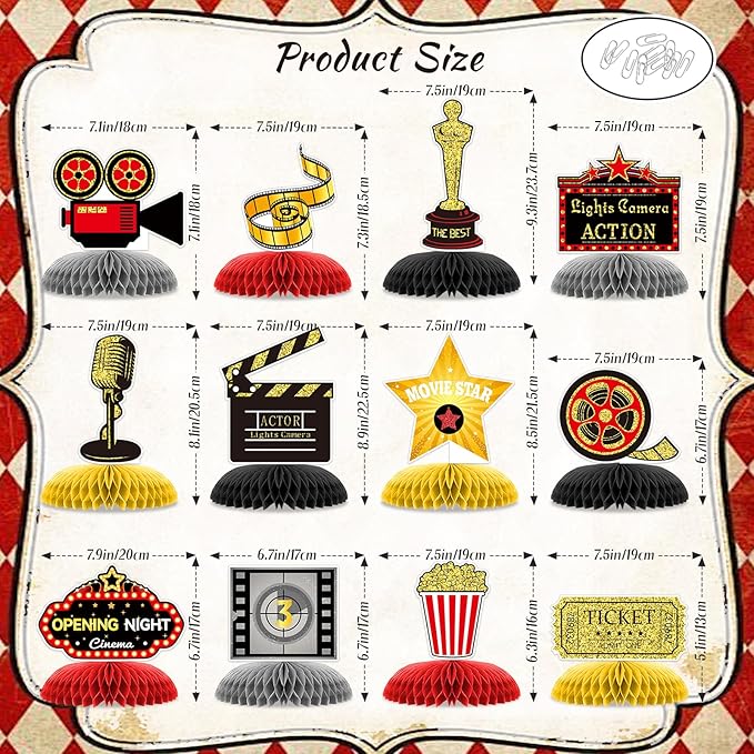 12 Pieces Movie Night Party Decorations Movie Birthday Honeycomb Centerpiece, Party Supplies Decor Microphone Ticket Table Decoration for Theater Birthday Women Men The Kids' Boys Girls