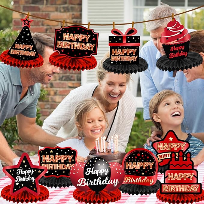 Happy Birthday Red and Black Table Honeycomb Centerpieces Balloons Theme Decor Table Decorations Table Toppers for Women Princess Birthday Party Bday Supplies Background Gold