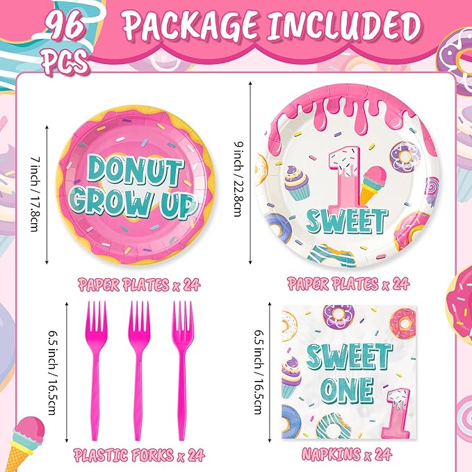 Donut Tableware Party Supplies - 96Pcs Sweet One Tableware Decorations Donut Grow Up Desserts Themed Disposable Paper Plates Napkins Forks for Kids Girl 1st Birthday Baby Shower Serve 24