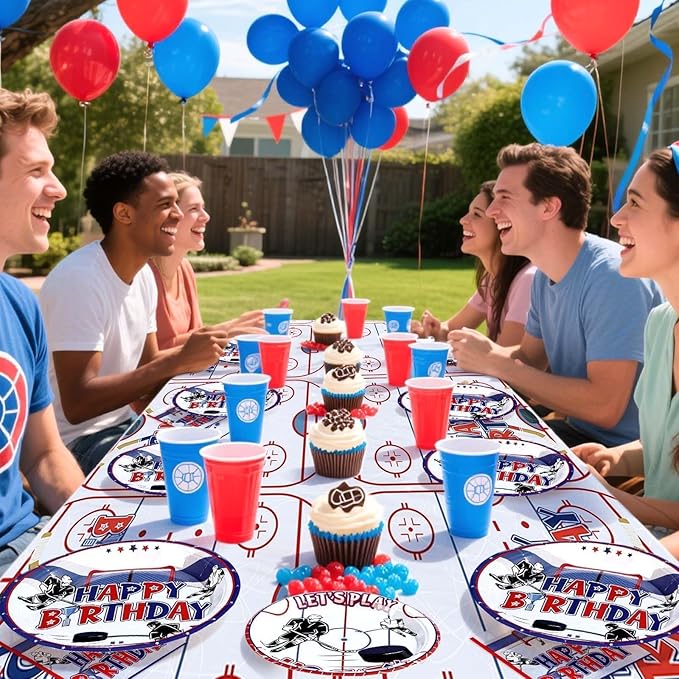 Grencian 98Pcs Hockey Party Supplies Ice Hockey Birthday Party Set Including Plates Napkins Forks and Tablecloth Disposable for Boys Kids' Birthday Hockey Fans Sports Games Themed Party Decoration