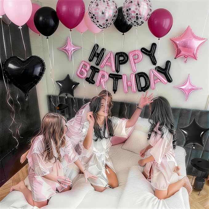 Pink and Black Birthday Decorations for Girls Women Hot Light Baby Pink Black Balloons Confetti Party Balloon Happy Birthday Banner Heart Balloons 18/10 Inch Star Balloon for Bday Party Supplies
