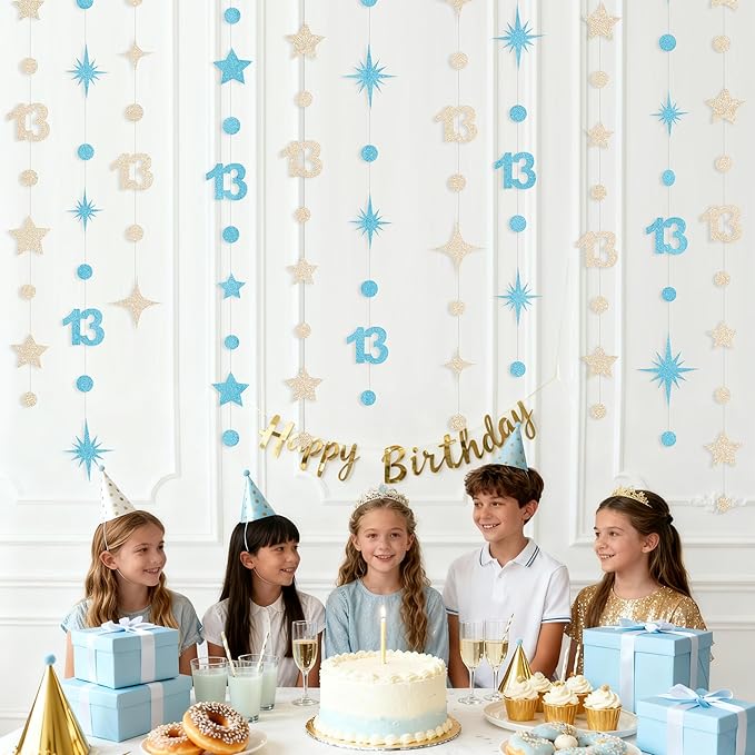 Champagne Gold Blue 13th Birthday Decorations Number 13 Circle Dot Star Garland Streamer Banner Backdrop for Girls Boys Official Teenager Cheers to 13 Years Old Happy 13th Birthday Party Supplies