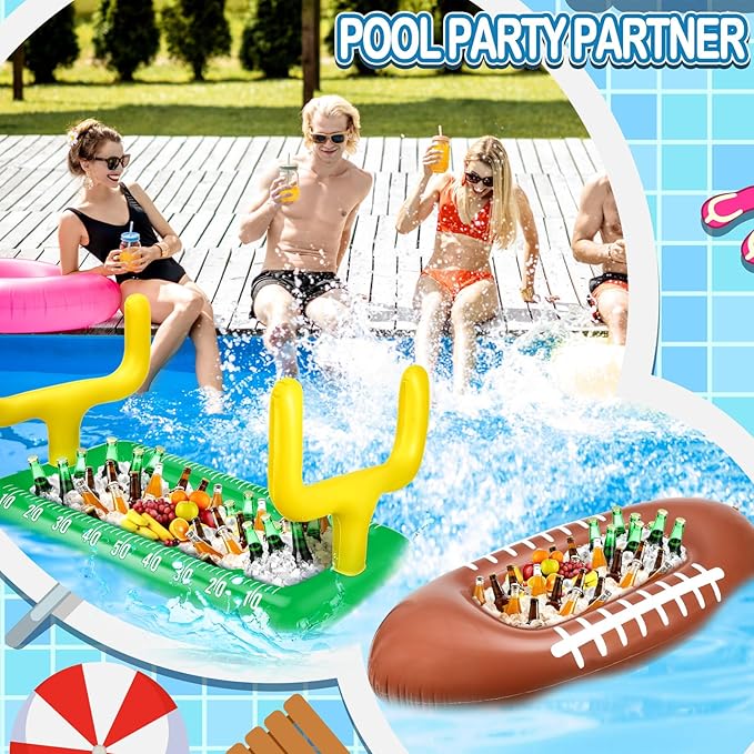 Leitee 2 Pcs Inflatable Football Drink Cooler Football Party Decoration Inflatable Field Cooler Ice Serving Bar Food Container for Summer Sport Birthday Party Favor Supplies(Green, Brown)