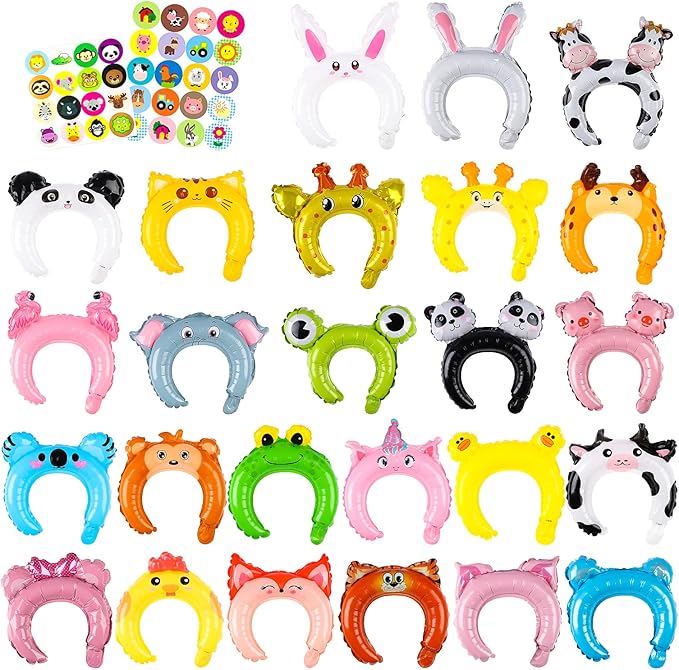 MALLMALL6 100p Zoo Animal Inflatable Headbands Wildlife Balloon Hair Hoop Include Forest Safari Farm Animals Jungle Theme Birthday Party Supplies with Animal Stickers Party Favors Costumes for Kids