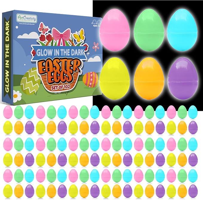 ArtCreativity Glow in the Dark Easter Eggs Set - 102 Eggs and 144 Glowsticks - Multiple Colors for a Glowing Spectacle - Unique Easter Egg Hunt Supplies - Glow in the Dark Party Favors