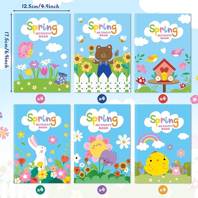 Dvbonike 24Pcs Spring Activity Books - Mini Fun Games Flower Springtime Coloring Book Bulk Party Favors Gift Goodie Bags Stuffers for Birthday Classroom School Rewards Supplies