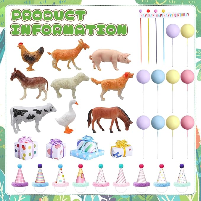 Weysat 37 Pcs Farm Animal Birthday Party Decorations, Farm Cake cupcake Toppers with Mini Hats Miniature Flags Gift Boxes Balls Bows Figure Models for Farmhouse Birthday Party Decor Supplies Adults