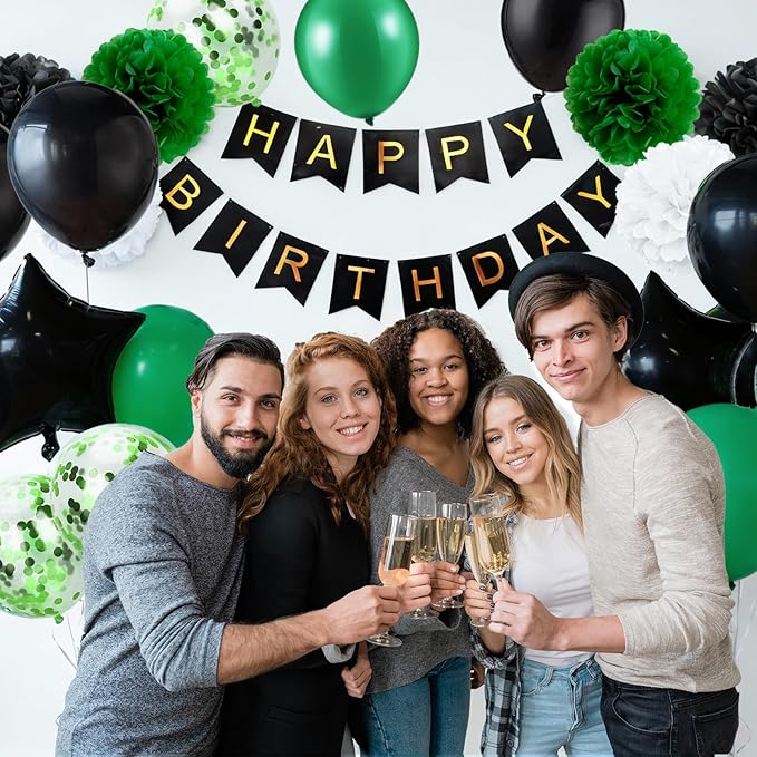 Birthday Decorations for Men Green and Black Party Decor Supplies Boy Including Happy Birthday Banner Confetti Latex Balloon Foil Balloon and Ribbon