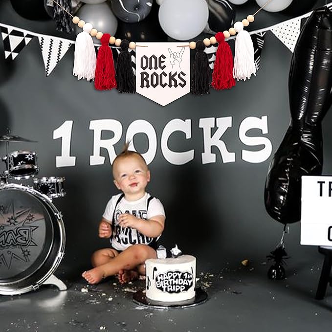 Gostman One Rocks High Chair Banner - Rock And Roll 1st Birthday Party Decorations,Black First Birthday Party Supplies (one rocks banner)