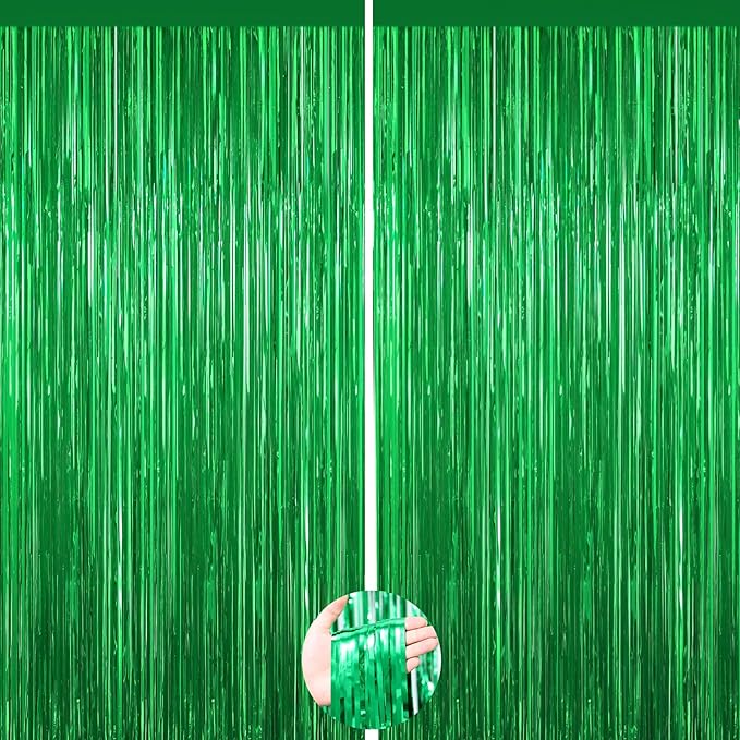 Green Foil Curtain Backdrop, 2Pack Green Metallic Tinsel Foil Fringe Curtains Photo Booth Props for Birthday Wedding Engagement Baby Shower Bachelorette Christmas Celebration Jungle Party Decorations