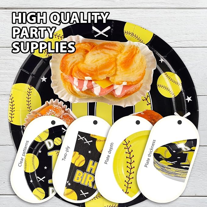 96Pcs Softball 10th Birthday Party Supplies Sport Themed 10th Birthday Plates and Napkins Yellow Black Softball Disposable Paper Tableware Set for Kids 10 Year Old Party Supplies Serves 24