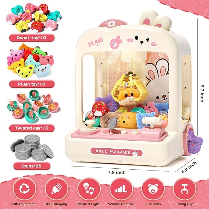 55 PCS Mini Claw Machine for Kids Bunny, Vending Machine with Lights Sound, Electronic Prize Dispenser for Kids Girls, Claw Toys Game Gifts for 4 5 6 7 8 Years Old Girls Boys
