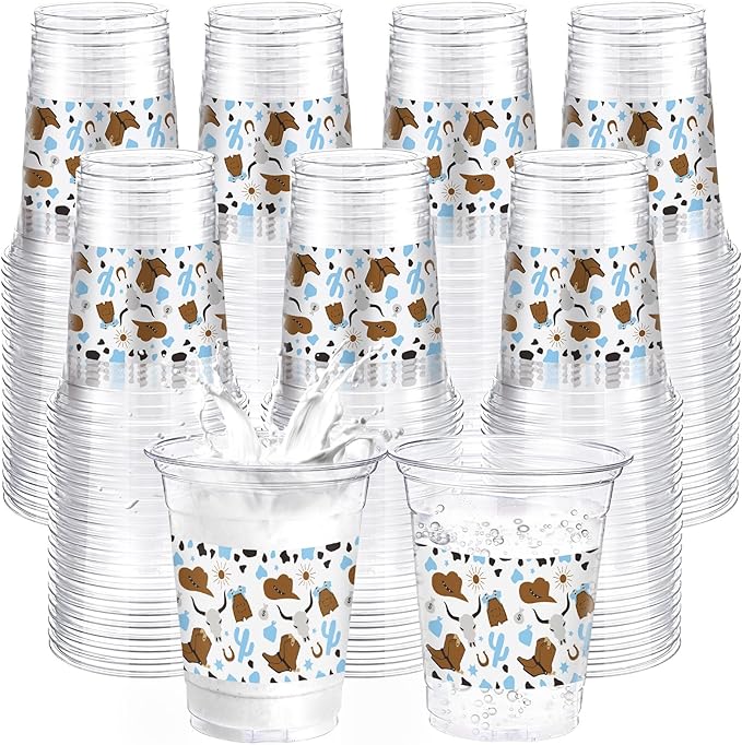 100 Pcs Western Plastic Cups 12 oz Clear Disposable Plastic Cowboy Cowgirl Drinking Cups Bulk for Boho Preppy Baby Shower Birthday Wild West Party Decoration Supplies(Cowboy,Brown and Blue)