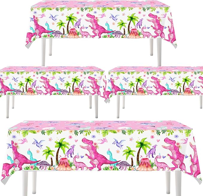 4ps Dinosaur Party Table Cloths Pink Dinosaur Birthday Disposable Plastic Tablecover Tablecloth Watercolor T-Rex Dino Party Supplies Decorations for Girls 1st 2nd 3rd 10th Dino Bday Decor