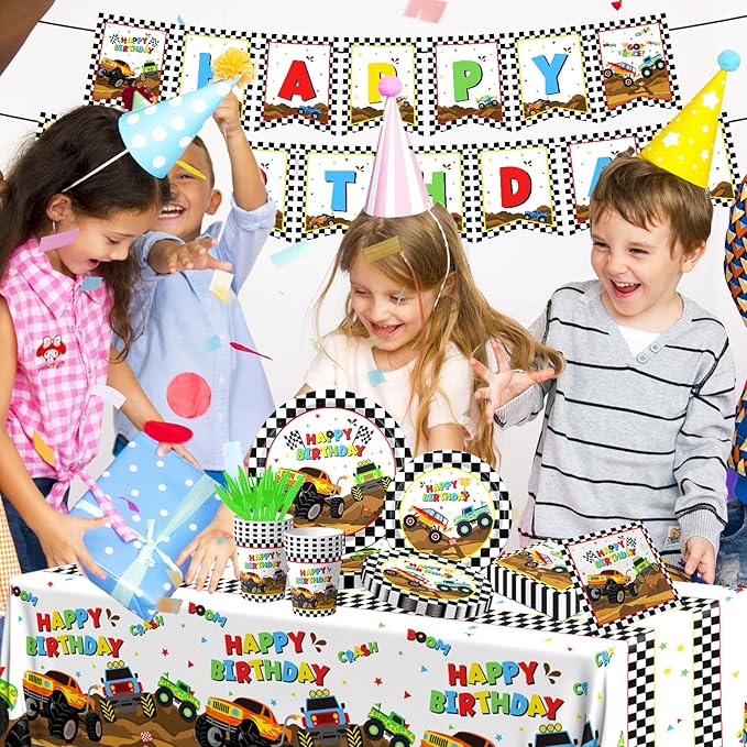 Monster Truck Party Supplies,Monster Machine Happy Birthday Checkered Tableware Sets Include Monster Trucks Theme Party Paper Plate Napkins for Monster Truck Birthday Party Decorations