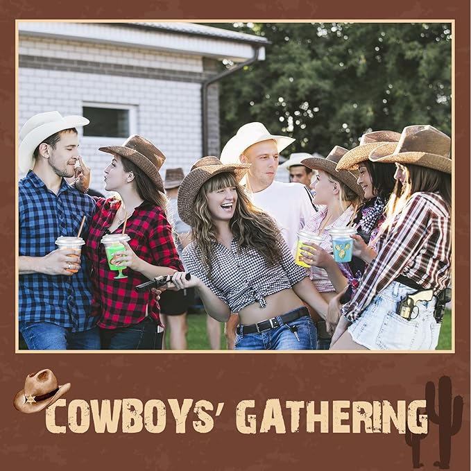 Boao 36 Sets Wild West Party Decorations Cowboy Party Cups with Lids and Paper Straws 14 oz Cowboy Birthday Supplies Brown Pattern Disposable Clear Plastic Cups Bulk