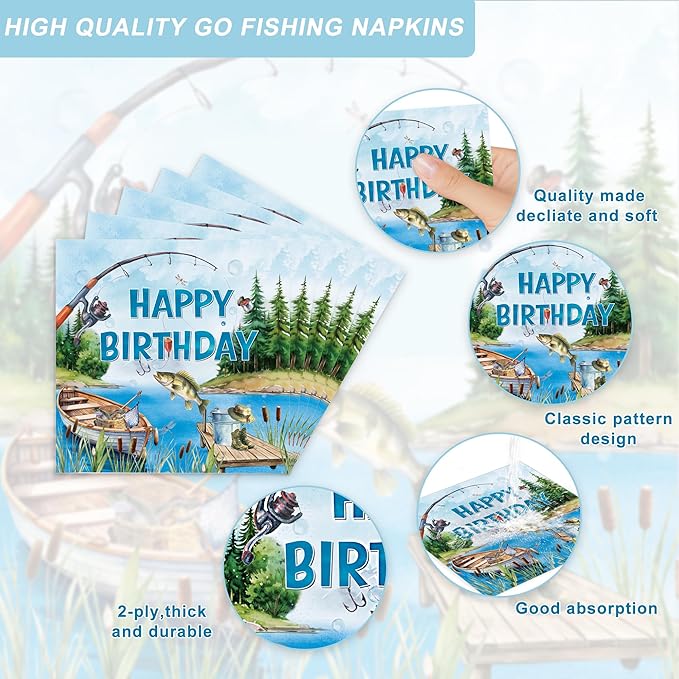 120Pcs Fishing Party Supplies,Disposable Tableware Set,Include Plates Napkins Cups Forks,Little Fisherman Themed Paper Plates Set for Birthday Serves 20