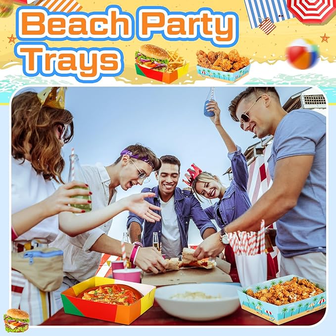 Teling 36 Pack Beach Party Supplies Large 5 lb Beach Pool Plates Trays Bowls Paper Food Boats Disposable Nacho Serving Snack Trays Dinner Plate for Sport Themed Birthday Party Decorations Favors