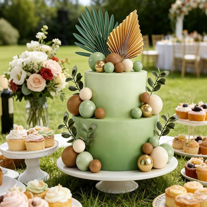 38 PCS Balls Cake Toppers Palm Leaves Cake Decorations for Birthday Wedding Baby Shower Party Supplies Mother's Day （Sage Green）