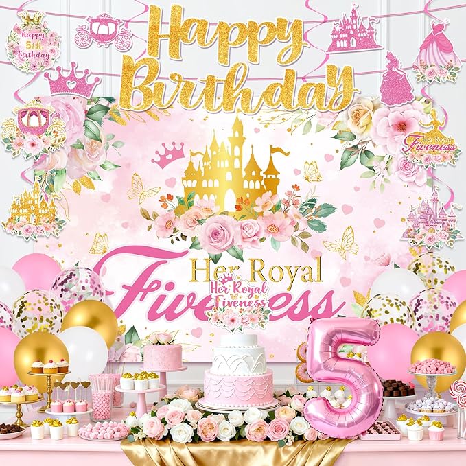 Princess 5th Birthday Party Decorations, Her Royal Fiveness Birthday Banner Pink Princess 5th Backdrop Banner Hanging Swirls Balloons Cake Topper for 5 Years Old Girl Bday Party Supplies