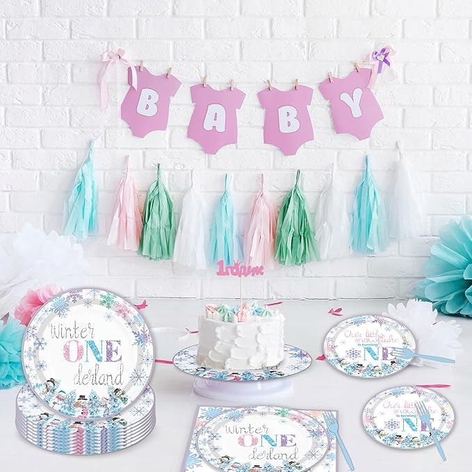96PCS Winter Onederland Plates and Napkins Party Supplies Winter Onederland 1st Birthday Girl Boy Pink and Silver Snowflake Winter First Birthday Decorations Disposable Tableware Set Serve 24 Guests
