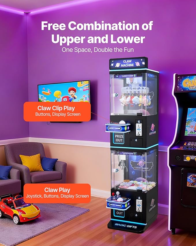 VEVOR Claw Crane Machine, Medium-Sized Arcade Game Machine with Claw + Grabber Double-Layer, Light & Sound, Toy Candy Grabber Prize Dispenser Vending Toy, for Commercial Home Cinema, Black Purple