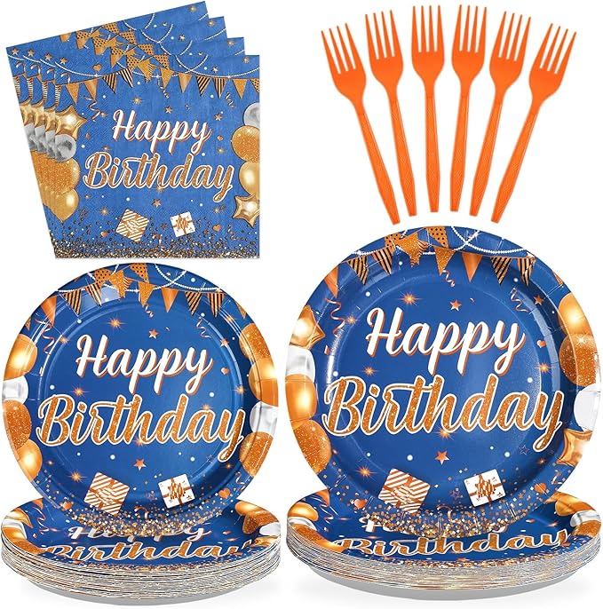96 Pcs Happy Birthday Party Decorations Blue and Orange Plates and Napkins Disposable Navy Blue Orange Tableware Set for Boys Girls Men Women Birthday Anniversary Party Supplies Serves 24