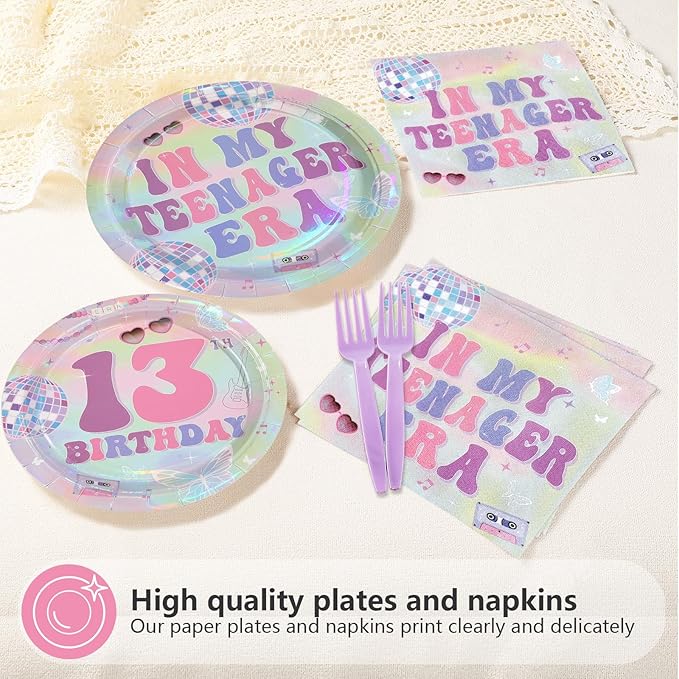 96Pcs In My 13th Birthday Era Party Decorations Era's 13 Birthday Plates and Napkins Set Music Iridescent Disco Decoration for Girls 13 Years Old Music Singer Friendship Bday Party Supplies Serves 24