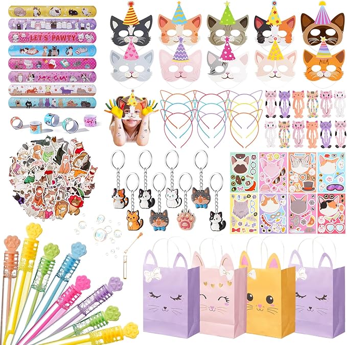 Vanblue 146Pcs Cat Party Favors Themed Birthday Party Decorations for Kids, Cat Party Supplies Goodie Bag Stuffers Fillers,Pet Headband Gifts Bags
