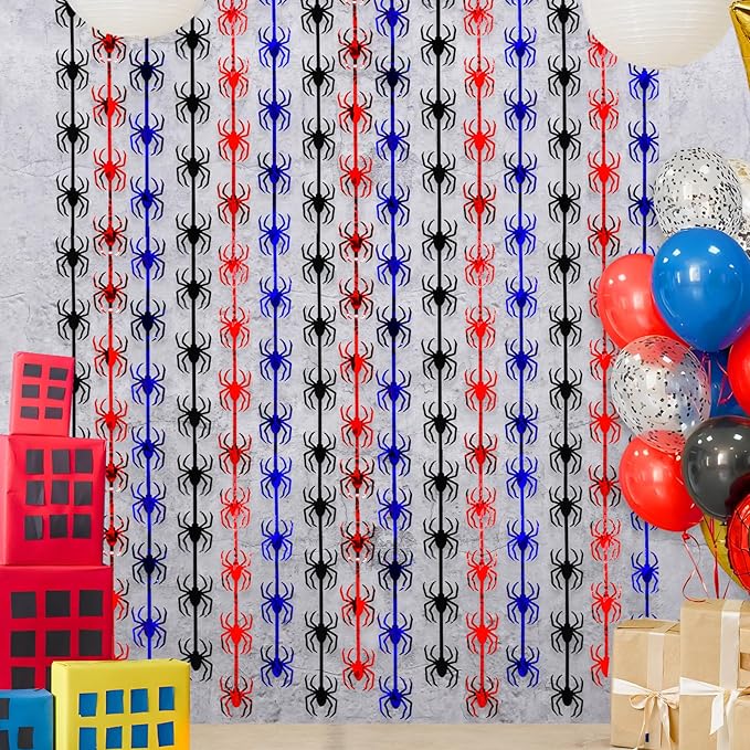 Spider Web Birthday Decorations,2 Pack Red Black and Blue Spider Birthday Party Supplies 3.3 x 6.6ft Tinsel Foil Fringe Curtains Photo Booth Props Backdrop Streamers, House Room Decor for Boys