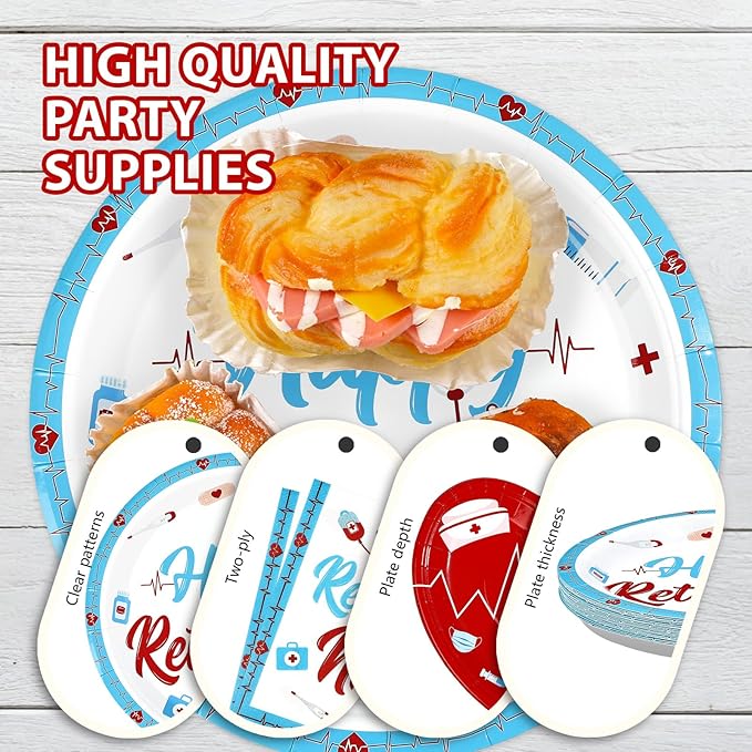 96Pcs Nurse Retirement Party Decorations Red and Blue Happy Retirement Plates and Napkins RN Theme Tableware Set for Retired Medical Staff Doctor Party Supplies Serves 24