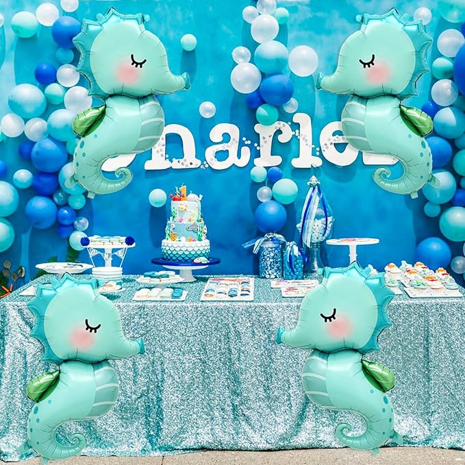 4 PCS Large Seahorse Balloon, Cartoon Under The Sea Animal Balloons Ocean Balloons for Ocean Themed Birthday Party Decorations Sea Horse Decoration
