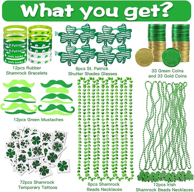 Max Fun 188Pcs St Patricks Day Accessories Party Favors Set, Saint Patricks Day Decorations Irish Decor for Kids, Green Beads Shamrock for Parades Party Supplies
