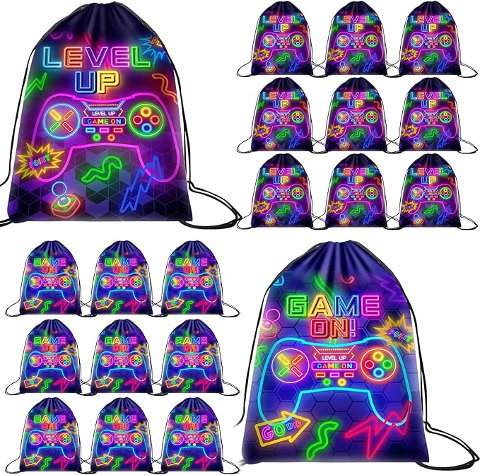 Eccliy 20 Pcs Video Game Party Favor Bags Gamer Birthday Party Drawstring Bags for Kids Boys Girls 12 x 10 Inch Gaming Goodie Treat for Game on Theme Decorations Supplies(Neon,Classic Style)