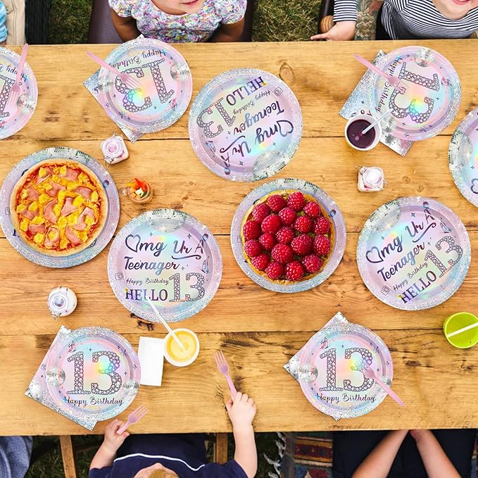 96Pcs 13th Birthday Party Decorations for Girls Teenager Plates and Napkins Iridescence Silver Pink 13th Tableware for Teenager Girls Thirteen Birthday Party Decorations Serve 24