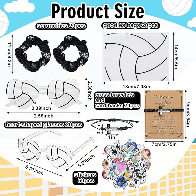 150 Pcs/20 Sets Volleyball Team Gifts for Girls - Volleyball Senior Night Gifts with Scrunchies Makeup Bags Sunglasses Bracelets Stickers Sport Birthday Party Favors for Girls