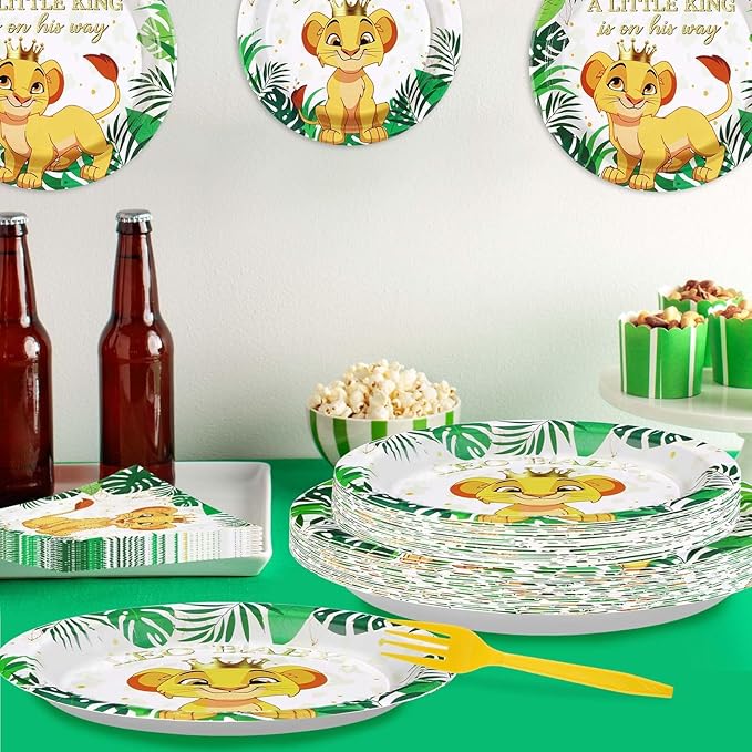 96 PCS Lion Baby Shower Supplies - 350GSM Jungle Lion Party Plates, Napkins & Tableware Sets - A Little King is on His Way - Safari Baby Shower Birthday Party Favors - Serves 24