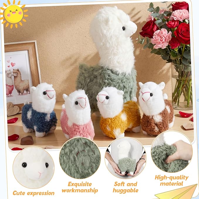 Civaner Llama Stuffed Animal with 4 Baby Llama Plushies Cute Alpaca Plush Set Soft Kawaii Alpaca Pillow for Kids Girls Easter Mother's Day Birthday Party Charity Donation Home Decor(Green)