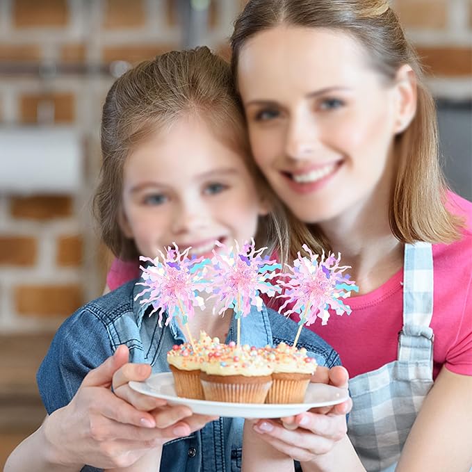 30 PCS Foil Firework Cupcake Toppers Sparkle Tinsel Cupcake Picks Happy Birthday Cake Toppers Drink Stirrers Cocktail Food Fruit Toothpicks for Baby Shower Wedding Party Decorations Supplies Pink