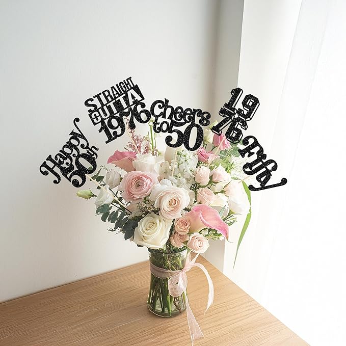 Gyufise 15Pcs Happy 50th Birthday Centerpiece Sticks Fifty Straight Outta 1976 Table Flower Centerpieces Sticks Cheers to 50 Decorations for 50th Birthday Party Supplies Black