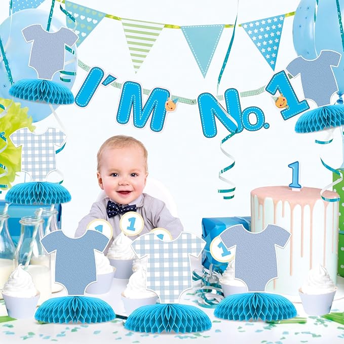 6 Pcs Blue Bodysuit Party Decorations, Blue Gingham Honeycomb Centerpieces, Birthday Decorations for Tables Decor Table for Party Supplies Perfect for Women Men Baby Shower Boys Girls