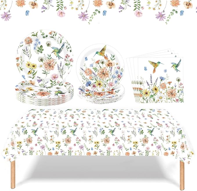 Zhehao 101 Pcs Spring Floral Party Decorations Wildflower Hummingbird Disposable Tableware Floral Paper Plates Napkin Tablecloth Party Decorations for Garden Picnic Baby Shower