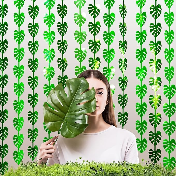 3 Pack Jungle Leaf Foil Fringe Curtain for Jungle Party Decorations, 3.3x6.6Ft Safari Theme Leaf Tinsel Streamer Backdrop, Photo Booth Prop Zoo Animal Birthday Party Supplies Baby Shower Favors