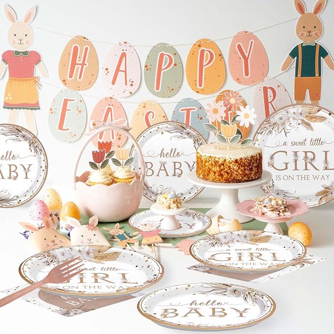 96pcs Boho Baby Shower Party Decorations Boho Hello Baby Girl Pink Floral Plates and Napkins A Sweet Little Girl is on The Way Decorations for Girls Spring Flowers Bohemain Birthday Supplies Serves 24
