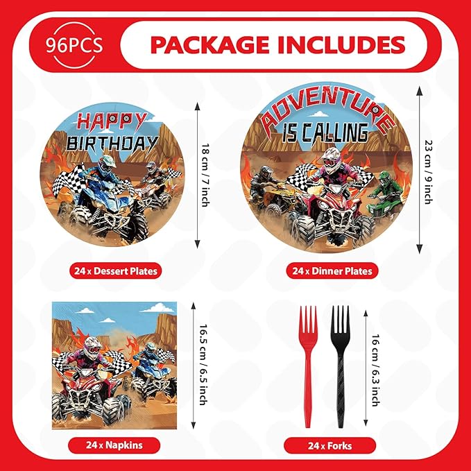 96Pcs Four Wheeler Birthday Decorations ATV Quad Bike Party Plates and Napkins Dirt Bike Motocross Tableware Set for Kids Teens Boys Girls Birthday Party Supplies Serves 24