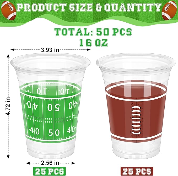 50 PCS Football Cups, 16 OZ Football Party Cups, Thickened Football Plastic Cups, Disposable Clear Drinking Cups in 2 Designs for Football Party Supplies Football Party Decorations Touchdown Favors