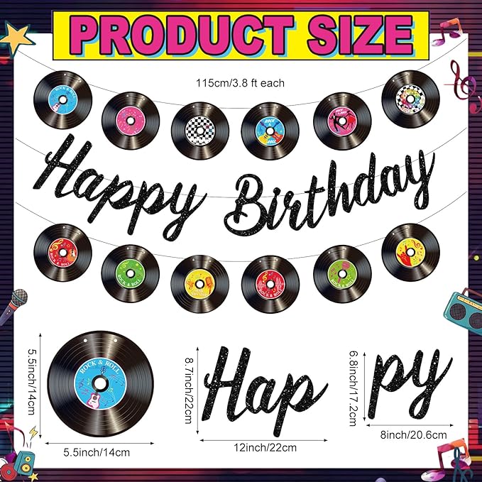 3 Pcs Rock and Roll Birthday Party Decorations - Vinyl Records Birthday Banners, Retro Glitter Vinyl Record Banner Garland for 50s 60s 70s Rock and Roll Music Theme Party Decorations Supplies