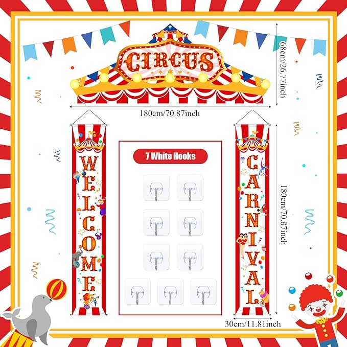 Blulu 3 Pcs Carnival Circus Porch Banner Decorations Circus Party Awning Hanging Banner Carnival Welcome Door Decorations Set for Birthday Baby Shower Party Supplies